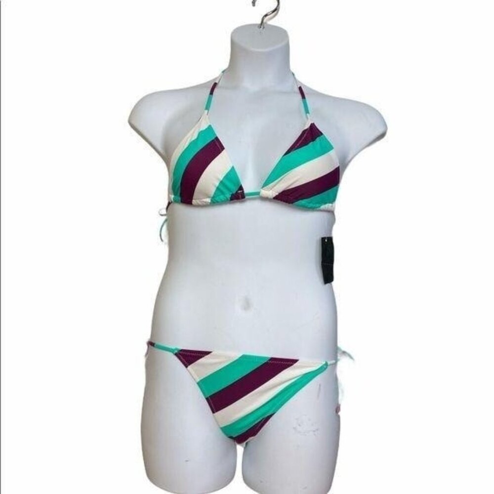 Full Tilt Swim Striped String Bikini Two Piece Set White Brown Green Large NWT
